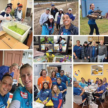Photo collage capturing Blue Cross Blue Shield of MA employees participating in various community service volunteering events Photo collage capturing Blue Cross Blue Shield of MA employees participating in various community service volunteering events